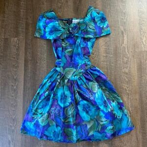 Vintage 90s Floral Basque Waist Party Dress | Off Shoulder Teal Purple Formal